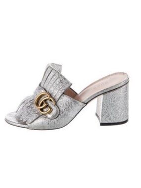 Gucci Silver Metallic Kiltie Mule with Gold Double G